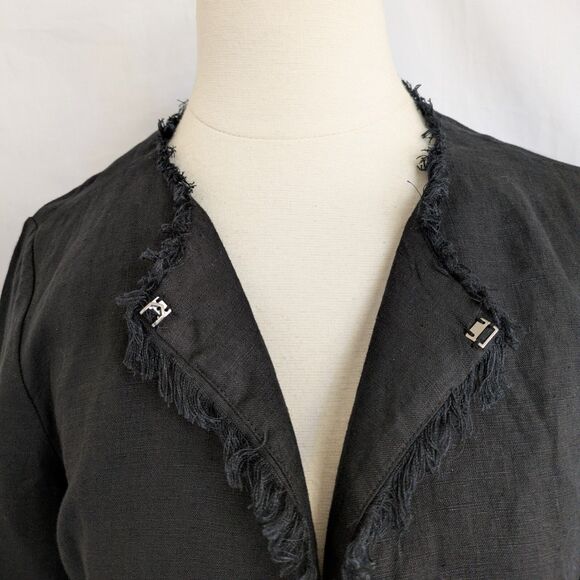 Chico's 100% Linen Black Jacket Size 0 (S) 3/4 Bell Sleeve Fringe Boho NWT - Picture 6 of 12